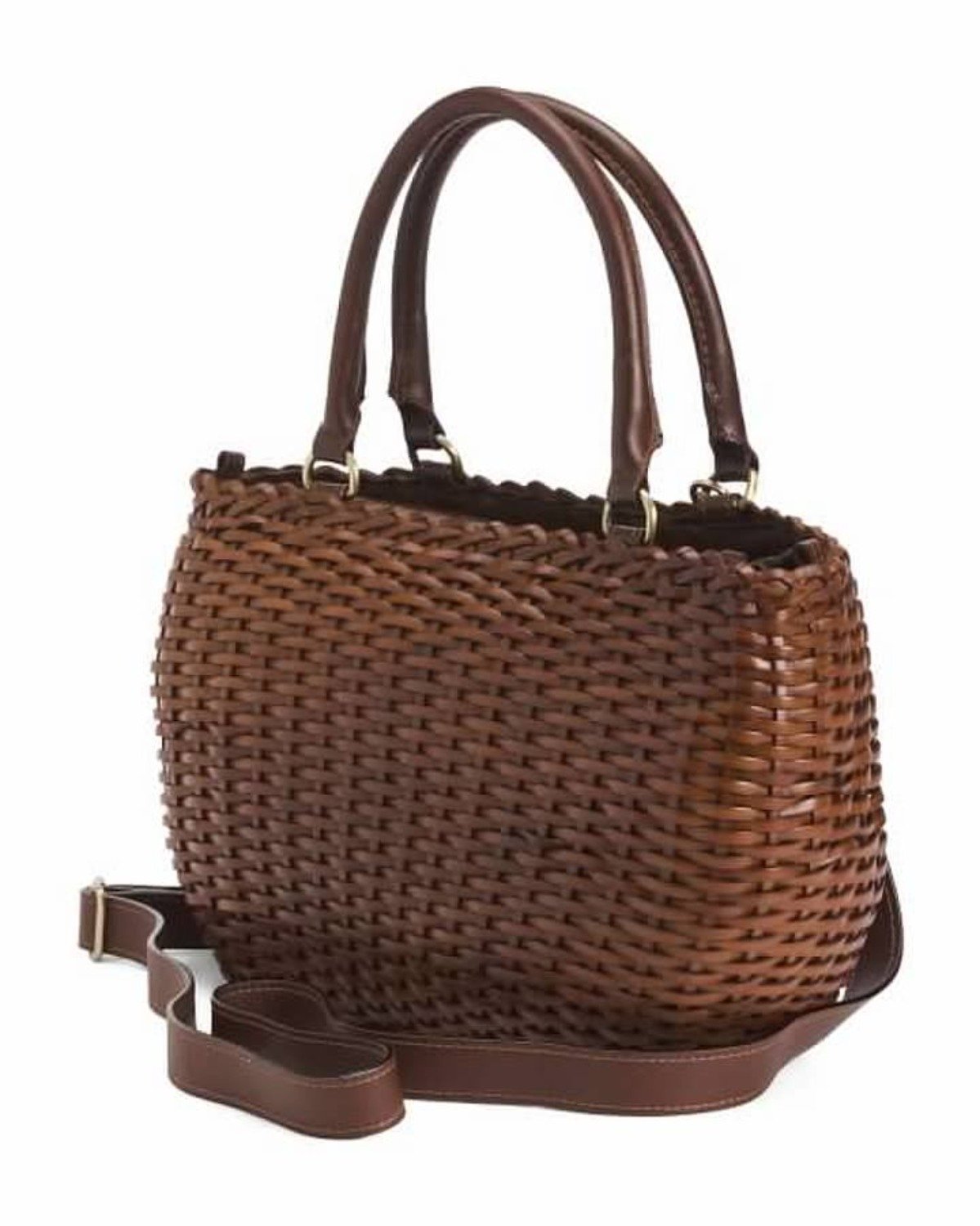 MENOTTI Leather Woven Basket Satchel in Cuoio (Brown)