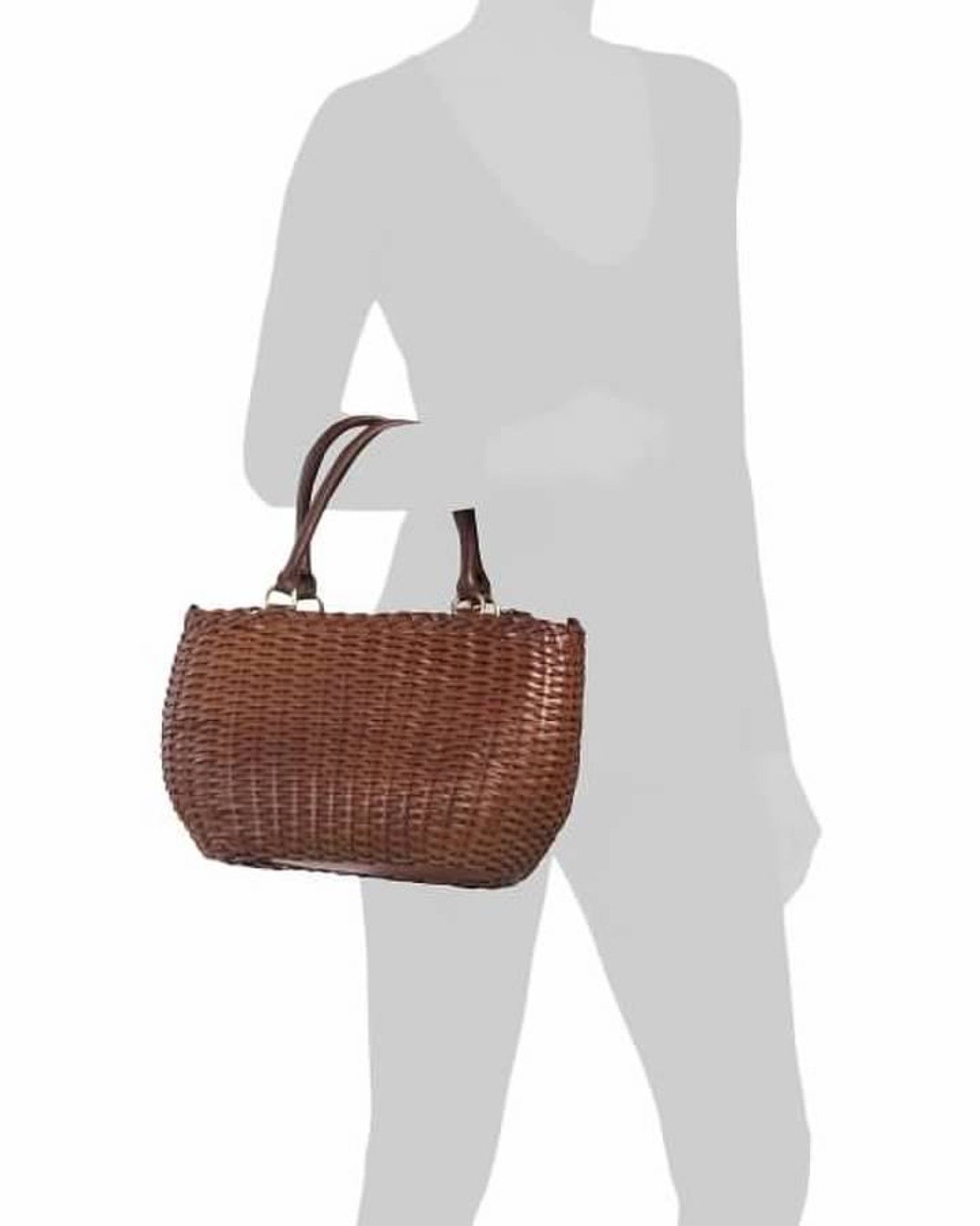 MENOTTI Leather Woven Basket Satchel in Cuoio (Brown) - Image 4