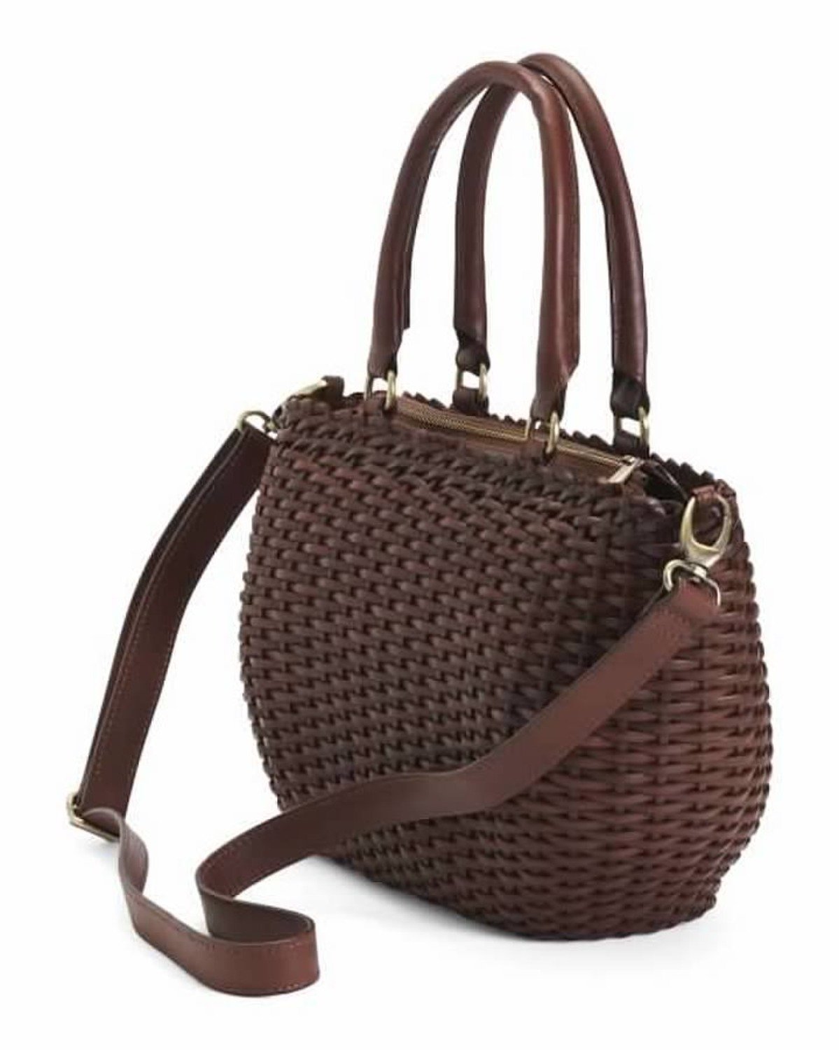 MENOTTI Leather Woven Basket Satchel in Cuoio (Brown) - Image 2